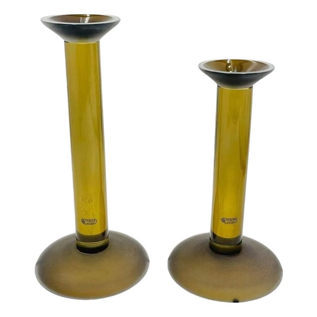 1980s Pair of Italian Murano Glass Candle Holders by Karl Springer for Seguso, Signed For Sale