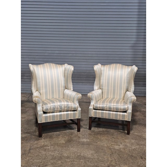 Mid 20th Century Pair Mahogany Chippendale Style Armchairs Wing Chairs Blue Silk Striped Fabric For Sale In Cleveland - Image 6 of 11