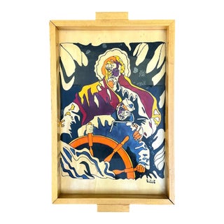 Vintage Nautical Painted Wood Art Tray For Sale