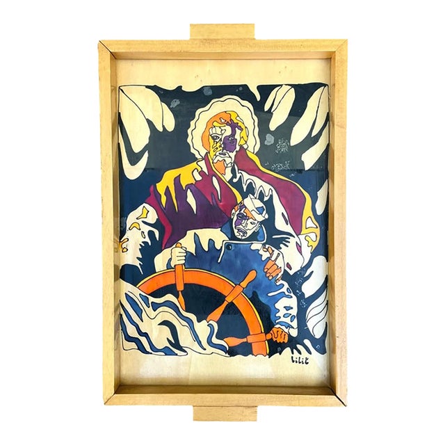 Vintage Nautical Painted Wood Art Tray For Sale