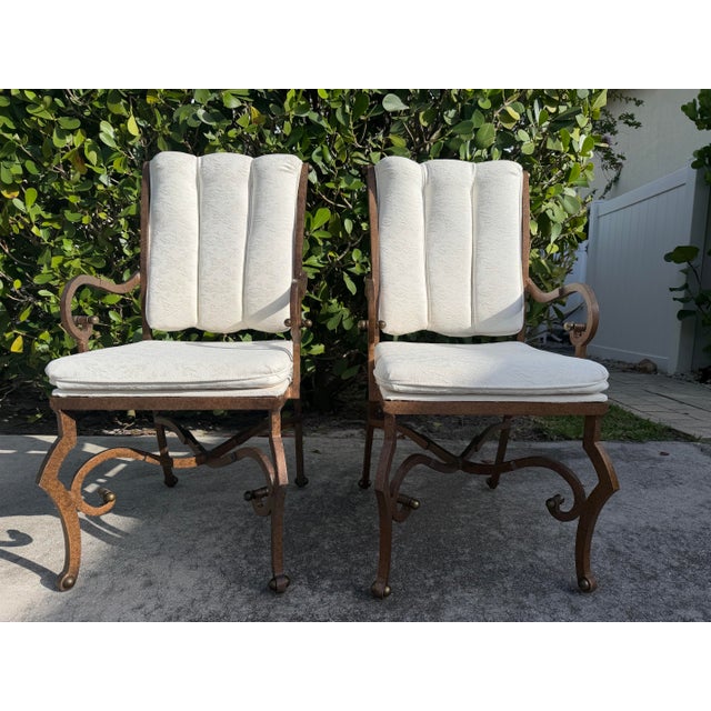 Metal Vintage Hammered Iron Scroll Arm Lounge Chairs With Brass Finials, a Pair For Sale - Image 7 of 18