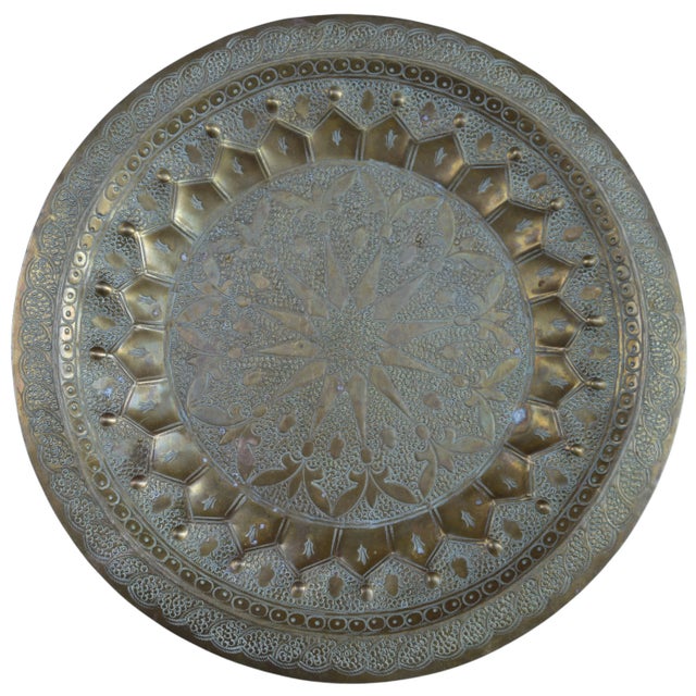 Antique Hand-Engraved Moroccan Brass Tray For Sale - Image 4 of 11