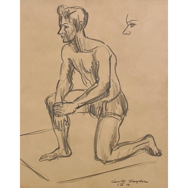 A 1946, graphite on paper drawing of a kneeling male figure by artist Harold Haydon. Matted to 14" x 18". Harold Emerson...