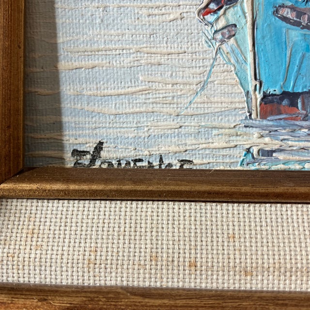 Impressionist 1970’s Original Impressionist Fishing Village Small Seascape Painting Original Frame Signed For Sale - Image 3 of 6