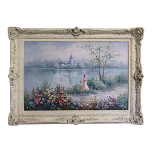 J. Snider Large Oil Painting Impressionist Woman Garden Lake Landscape Art