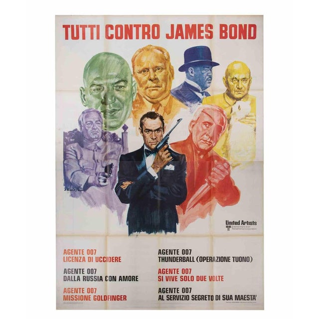 Color lithographic poster for a Bond retrospective program in Italy, featuring Sean Connery at center and painted...