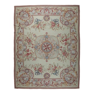 9x12 Vintage Aubusson Flat Weave Wool Rug, Louis XV Rosette Medallion For Sale