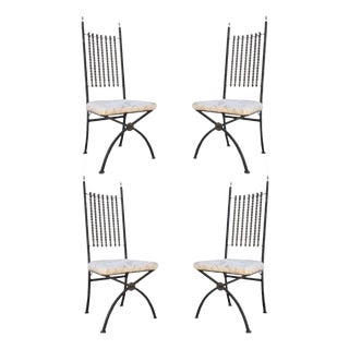 Hollywood Regency Wood Ball Abacus Wrought Iron Curule Dining Chairs - Set of 4 For Sale