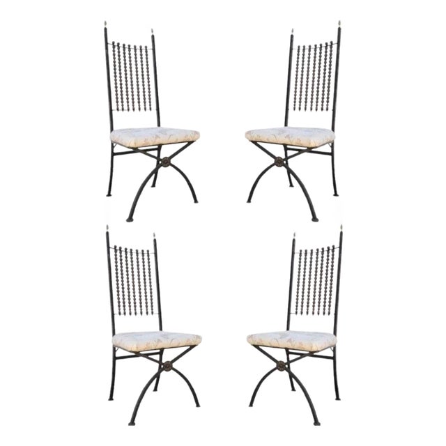 Hollywood Regency Wood Ball Abacus Wrought Iron Curule Dining Chairs - Set of 4 For Sale