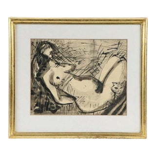 Mid 20th Century Expressionist Ink Painting of Figure and Cat by Kazimierz Podsadecki For Sale