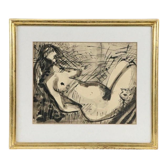 Mid 20th Century Expressionist Ink Painting of Figure and Cat by Kazimierz Podsadecki For Sale