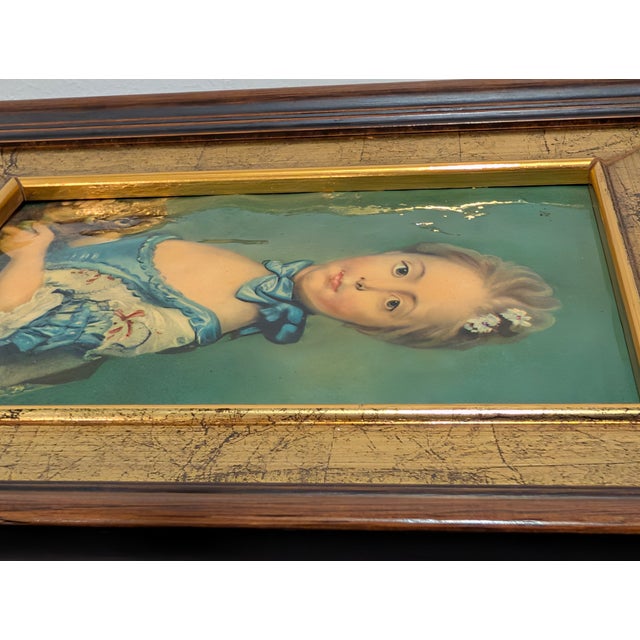 Victorian Vintage Framed Hand-Painted Metal Portrait Plaque, After Perronneau, Girl With Kitten For Sale - Image 3 of 8