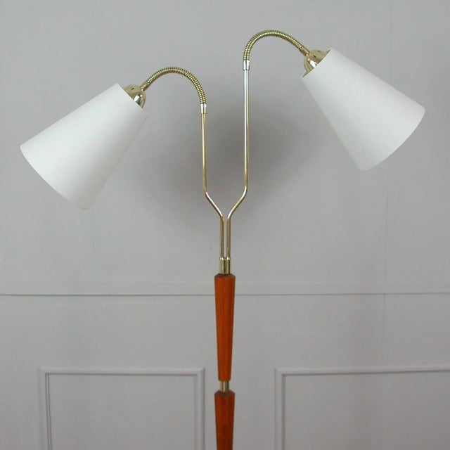 White Modernist Swedish Teak & Brass Floor Lamp, 1940s For Sale - Image 8 of 18