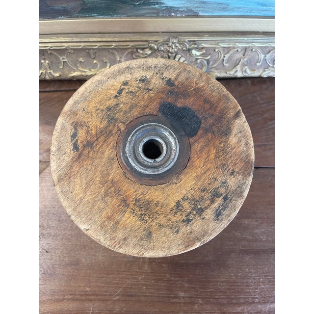 Brown Likely Antique Industrial Wooden Textile Mill Spool With Likely Iron Center For Sale - Image 8 of 9