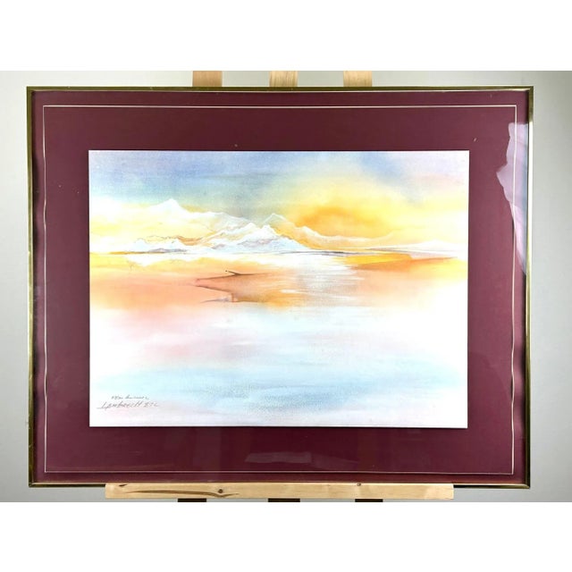Mid 20th Century Mid 20th Century Vintage Pencil Signed and Numbered Watercolor Painting Print of Dreamy Pastel Mountain and Sky Scene, by Lambrecht, Framed For Sale - Image 5 of 10