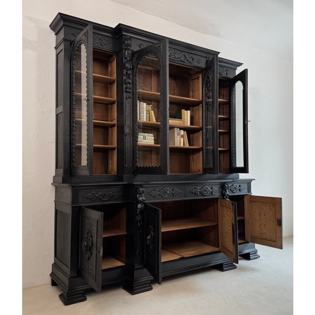 Large Antique Ebonised Oak Bookcase, 1890s For Sale - Image 6 of 18