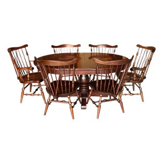 1970s Ethan Allen (Old Tavern) Dining Table and Six Matching Fiddleback Chairs - Original Authentic Complete Set For Sale