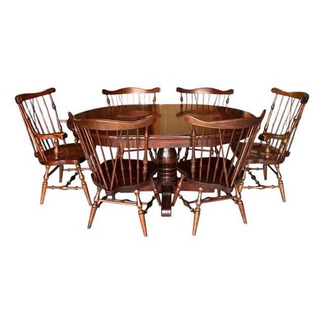 1970s Ethan Allen (Old Tavern) Dining Table and Six Matching Fiddleback Chairs - Original Authentic Complete Set For Sale