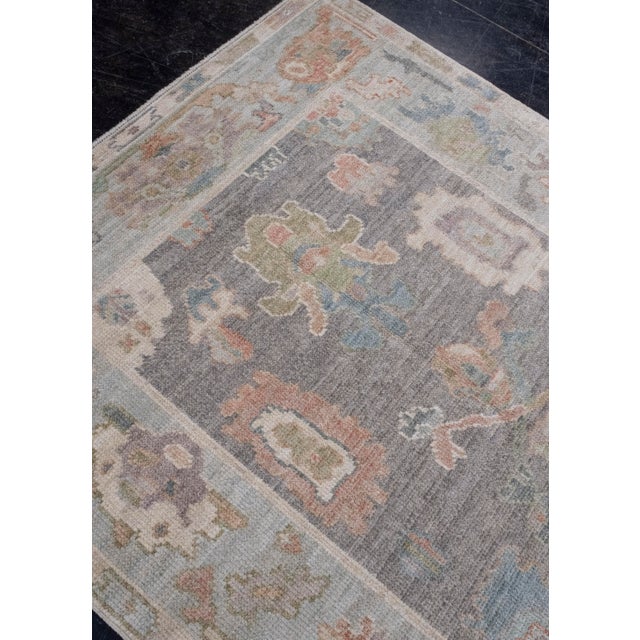 Turkish Oushak Rug Charcoal, Aqua & Coral Hand-Knotted Wool Rug 4' X 6' For Sale - Image 9 of 9