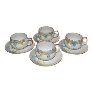 Circa 1969 Vintage Hand-Painted Porcelain Yellow & Blue Floral Pattern Tea Cups Saucers- 8 Pieces