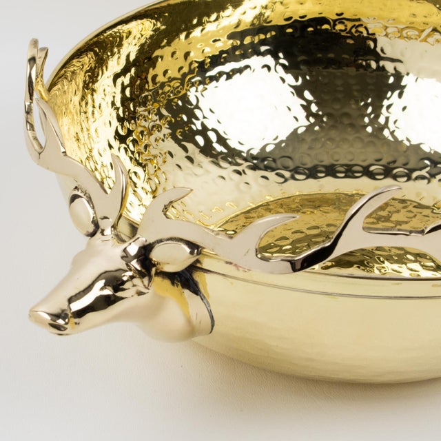 1980s Large Gilded Brass Centerpiece Bowl With Stag Heads Handles For Sale - Image 5 of 8