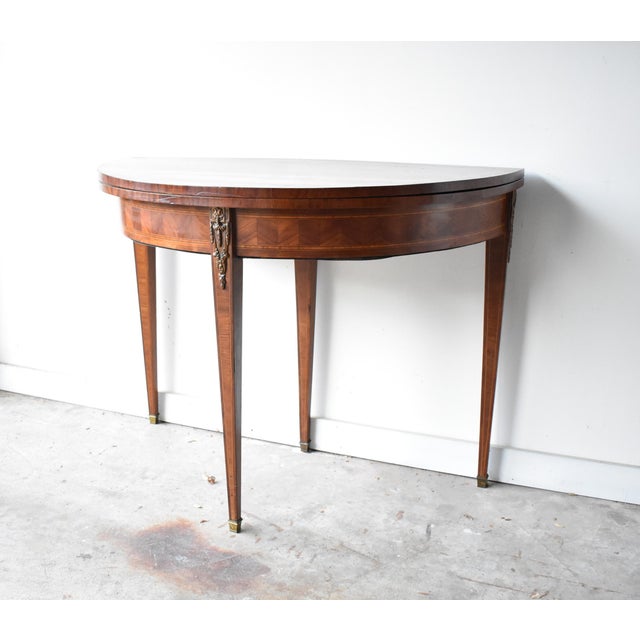 Late 19th Century Antique French Louis XVI-Style Marquetry & Ormolu Flip-Top Demilune Card Table For Sale - Image 5 of 13