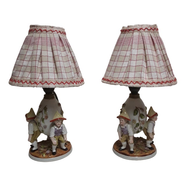 Antique Figurative Bedside Lamps with Porcelain Bases, 1900s, Set of 2 For Sale