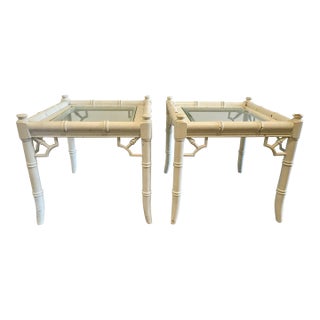 Vintage Faux Bamboo Glass-Top Side Tables — Pair For Sale