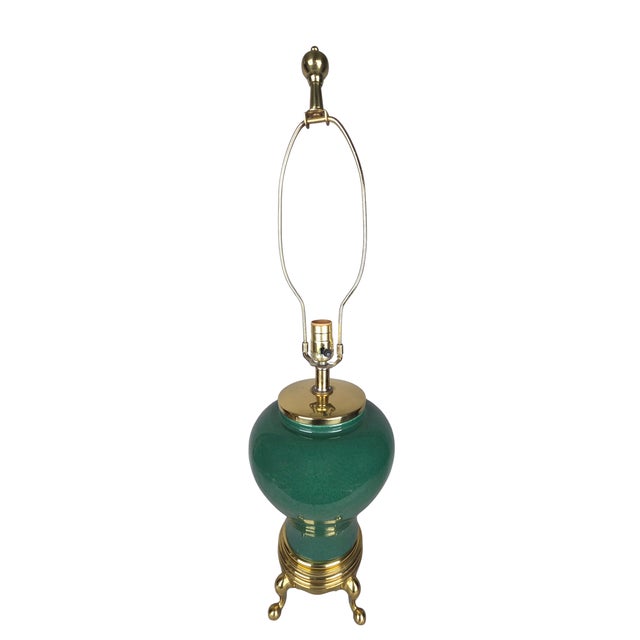 1980s Hollywood Regency Style Emerald Green Ceramic Table Lamp on Brass Ball-and-Claw Base For Sale - Image 16 of 18