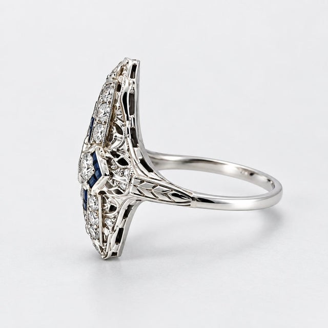 Vintage 14k White Gold Old European Cut Diamond & Sapphire Ring, Size 4 For Sale - Image 4 of 7