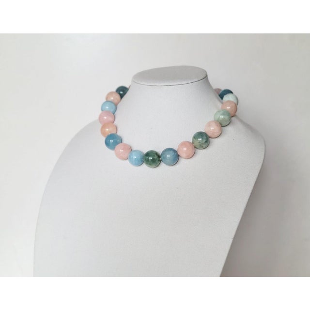 Metal Aquamarine Morganite Beryl Beaded Necklace With Silver Clasp Porcelain Cameo Clasp For Sale - Image 7 of 11