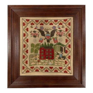 Rachel Kohler Antiqued Embroidery Needlepoint Sampler Framed Print in Brown Frame