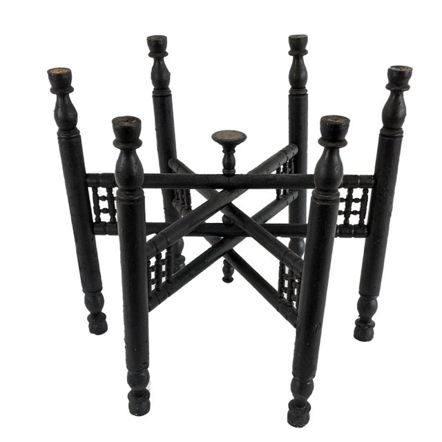 1960s Moroccan Round Brass Top Tray Table With Folding Wood Stand For Sale - Image 5 of 13