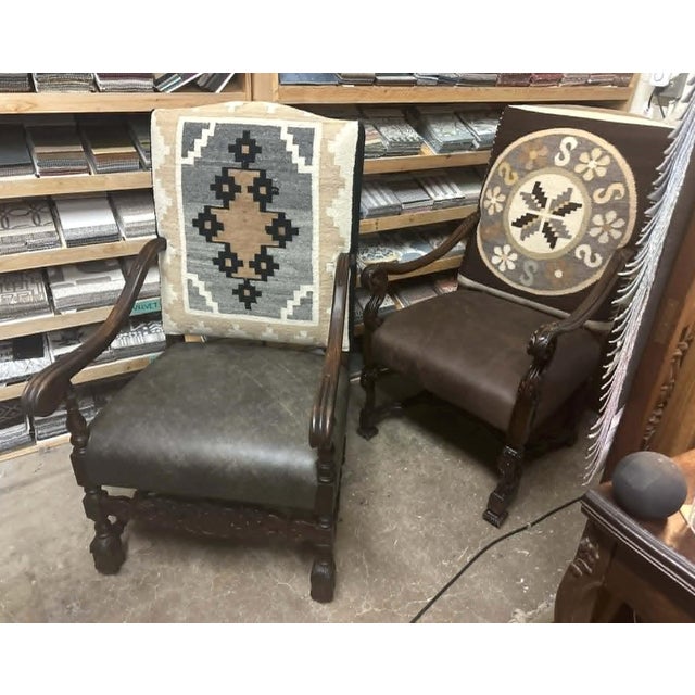 Antique 19th Century Hacienda Chair Reupholstered With Vintage Oaxaca Zapotec Tapestry and New Leather For Sale - Image 9 of 9