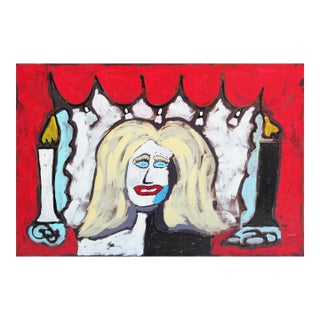 2016 "Hollywood" Blonde Woman Behind a Stage With Red Curtains and Two Candles by Paul Reeves For Sale