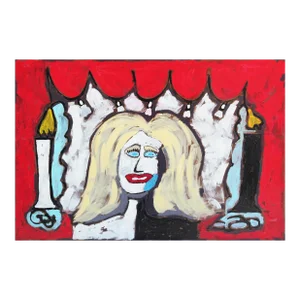 2016 "Hollywood" Blonde Woman Behind a Stage With Red Curtains and Two Candles by Paul Reeves