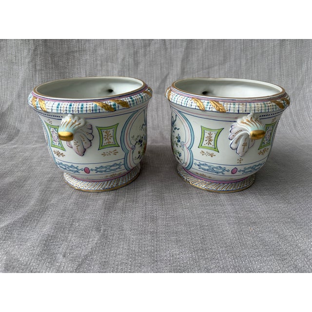 Hand Painted Bisque CachePots Set of 2 For Sale - Image 9 of 18