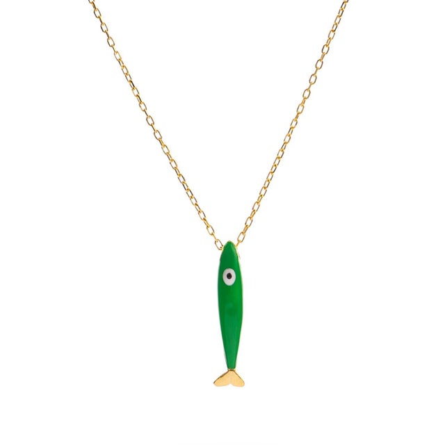 Silver Spirit Fish Green Enamel Gold Necklace For Sale - Image 8 of 8