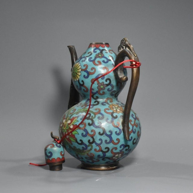 Turquoise Late 19th Century Cloisonné Enamel Double-Gourd Ewer With Dragon Spout, 1.2kg For Sale - Image 8 of 9