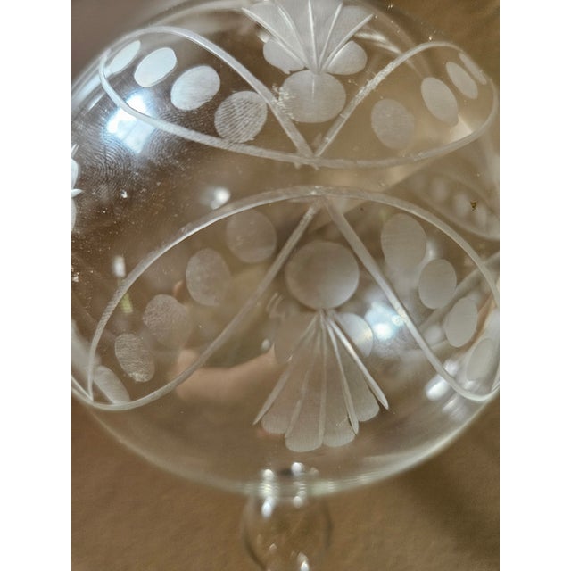 Etched and blown glass ball ornament. Expertly etched design featuring angels and snow flakes.