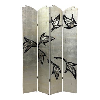 Vintage Midcentury Silver Leaf Botanical Folding Screen With Mirrored Inlays For Sale