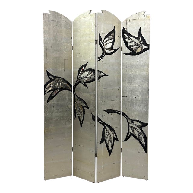 Vintage Midcentury Silver Leaf Botanical Folding Screen With Mirrored Inlays For Sale