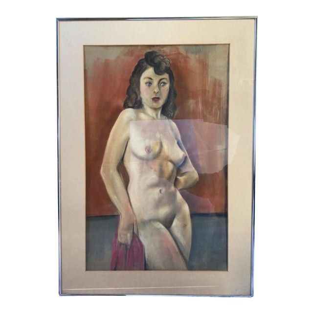 Vintage Oil Pastel Drawing on Paper of a Nude Woman Circa 1950’s, Framed For Sale