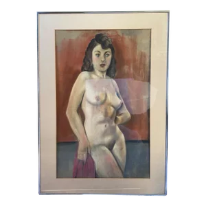 Vintage Oil Pastel Drawing on Paper of a Nude Woman Circa 1950’s, Framed