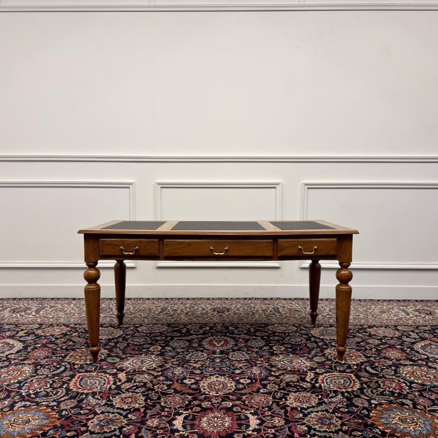 Classic English Writing Desk Black Leather For Sale - Image 3 of 18