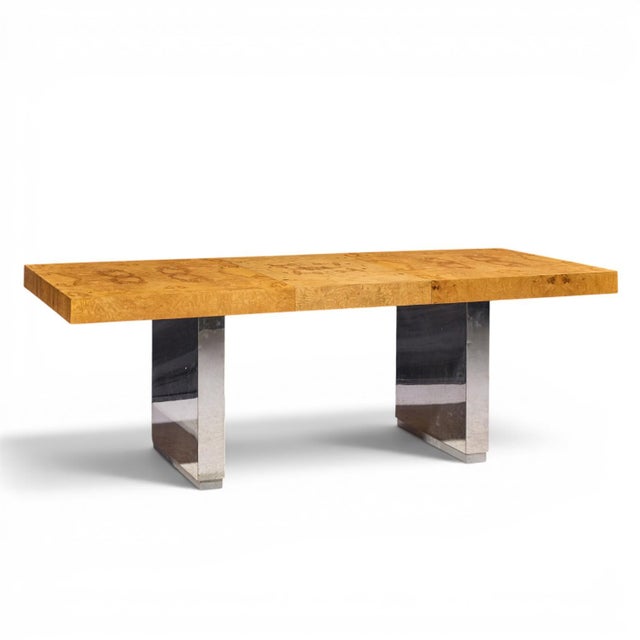 Roger Sprunger for Dunbar Mid Century Burlwood and Chrome Expanding Dining Table With 2 Leaves For Sale - Image 9 of 13