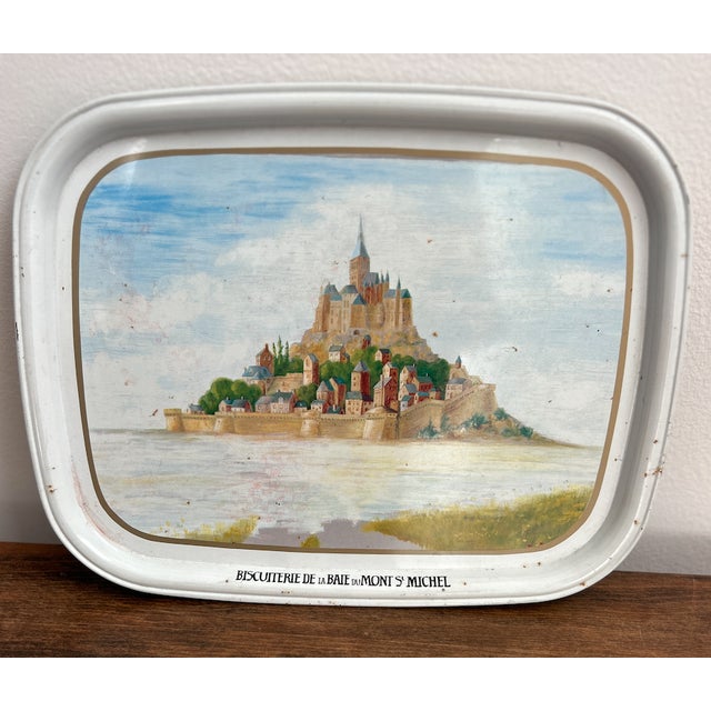 French 1980s Collectible Metal Serving Tray / French Advertising Tin La Biscuiterie De La Baie Du Mont Saint Michel For Sale - Image 3 of 16