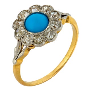 1910s Edwardian Turquoise Diamond 18k Yellow Gold Cluster Ring, Size 5.25 For Sale