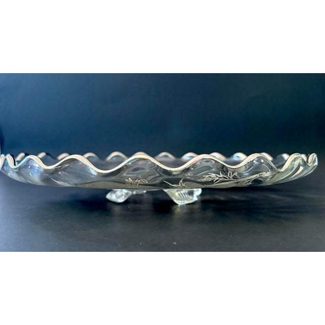 Glass Vintage Silver Poppies Cake Plate by Silver City in the Flanders Clear Pattern, 1940s Pedestal Platter For Sale - Image 7 of 10