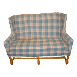 Vintage North Hickory Furniture Blue/Tan Plaid Wingback Settee W/ Nail Head Trim For Sale